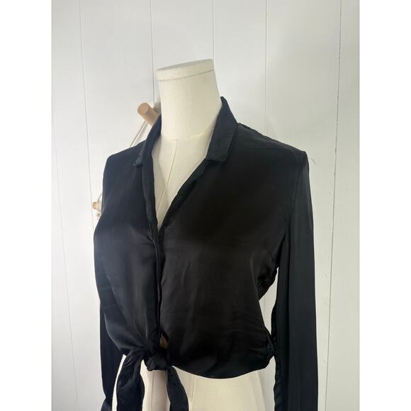 Wilfred Silky Black Tie Front Button Up Crop Top Size XXS Long Sleeve - Picture 3 of 10